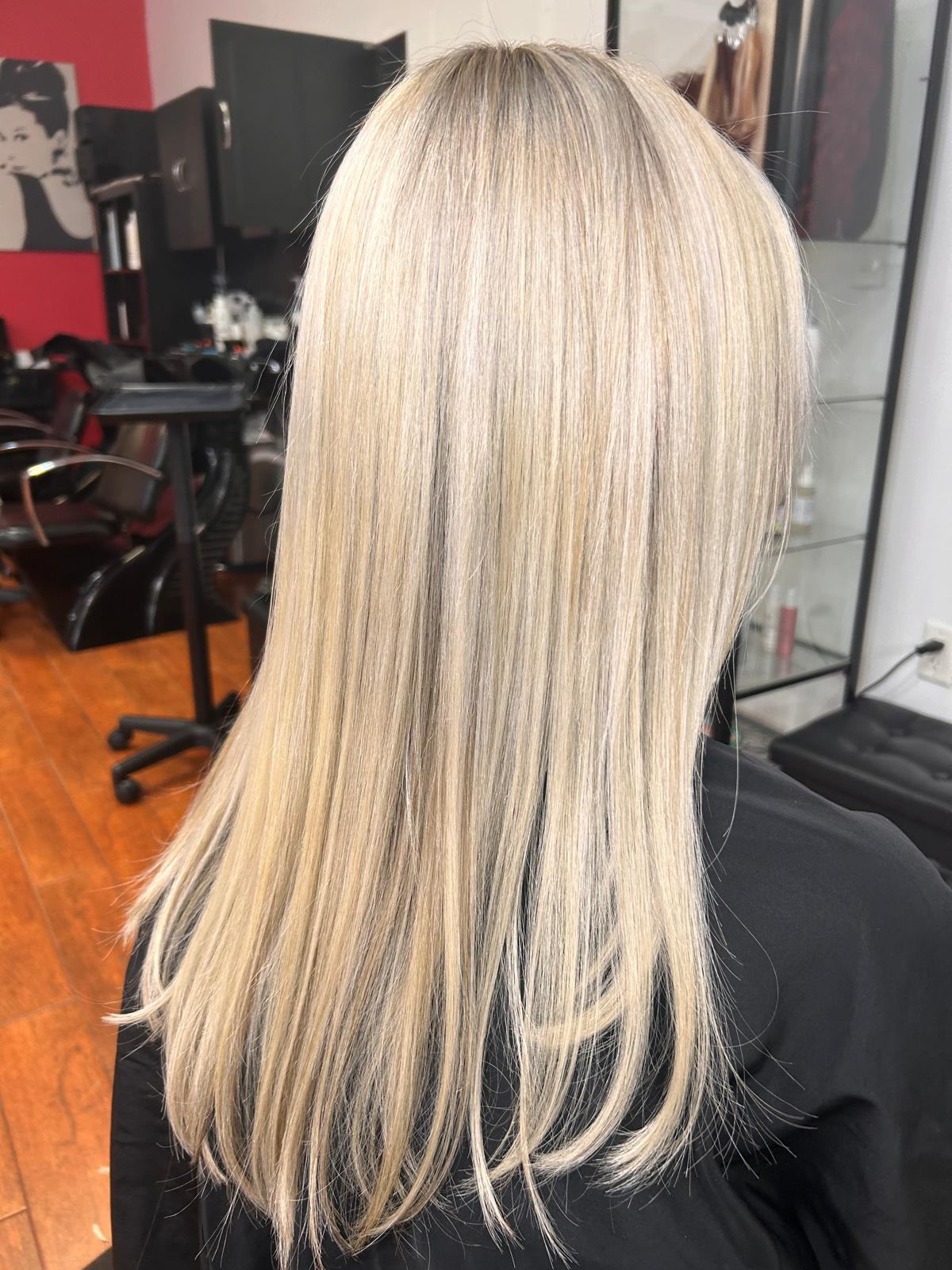 Balayage and highlights — soft platinum blonde